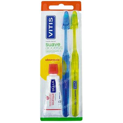 Vitis pack suave acces 2 cepillos+pasta anticaries 15ml. Vitis pack suave acces 2 cepillos+pasta anticaries 15ml.