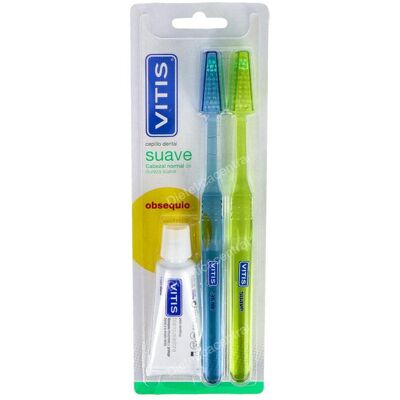 Vitis pack vitis suave 2 cepillos + pasta blanq. 15ml. Vitis pack vitis suave 2 cepillos + pasta blanq. 15ml.