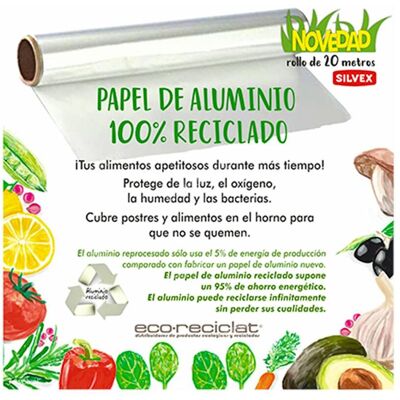 Silvex papel de aluminio cocina 100% reciclado rollo 20m Silvex papel de aluminio cocina 100% reciclado rollo 20m