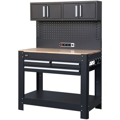 HBM banco de trabajo 114 cm con 3 cajones, pared de armario y panel trasero, negro HBM banco de trabajo 114 cm con 3 cajones, pared de armario y panel trasero, negro