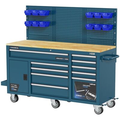 HBM banco de trabajo 158 cm con 10 cajones, puerta y panel trasero, azul HBM banco de trabajo 158 cm con 10 cajones, puerta y panel trasero, azul