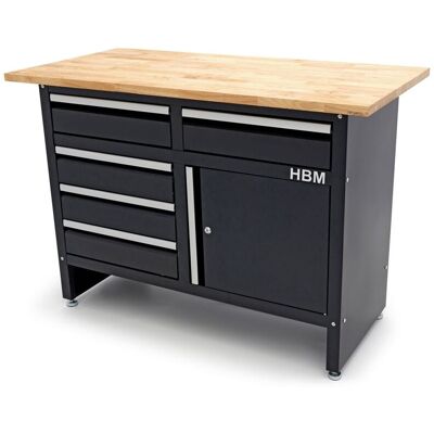 HBM banco de trabajo 120 cm con 5 cajones y puerta, encimera de madera maciza, negro HBM banco de trabajo 120 cm con 5 cajones y puerta, encimera de madera maciza, negro