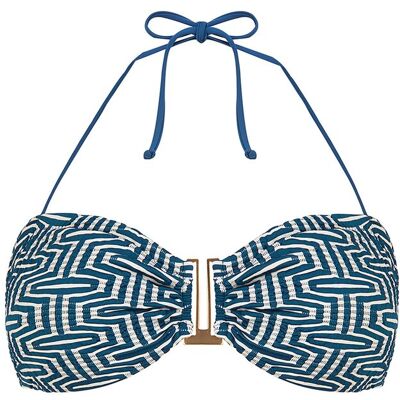 Dolores Cortés Top de bikini bandeau atado al cuello y estampado geométrico. (95 - Copa B) Azul / Blanco mujer Dolores Cortés Top de bikini bandeau atado al cuello y estampado geométrico. (95 - Copa B) Azul / Blanco mujer