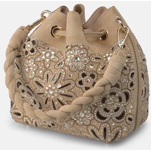 Alma en Pena Bolso de mano estilo bombonera de piel con troquelado floral y correa bandolera ajustable. Arena mujer Alma en Pena Bolso de mano estilo bombonera de piel con troquelado floral y correa bandolera ajustable. Arena mujer