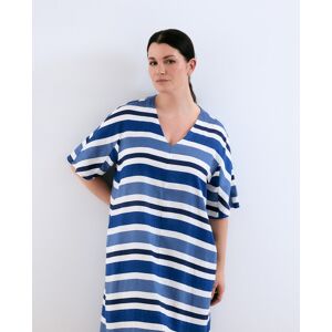 Couchel Vestido de manga corta de lino con rayas y cuello pico. (46) Azul mujer Couchel Vestido de manga corta de lino con rayas y cuello pico. (46) Azul mujer