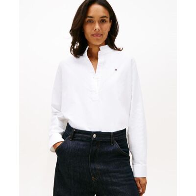 Tommy Hilfiger Camisa de mujer con cuello mao fruncido y silueta relajada. (36) Blanco mujer Tommy Hilfiger Camisa de mujer con cuello mao fruncido y silueta relajada. (36) Blanco mujer