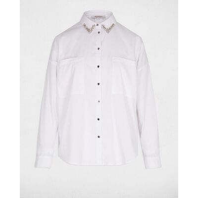 Morgan Camisa de mujer oversize con strass. (38) Blanco mujer Morgan Camisa de mujer oversize con strass. (38) Blanco mujer