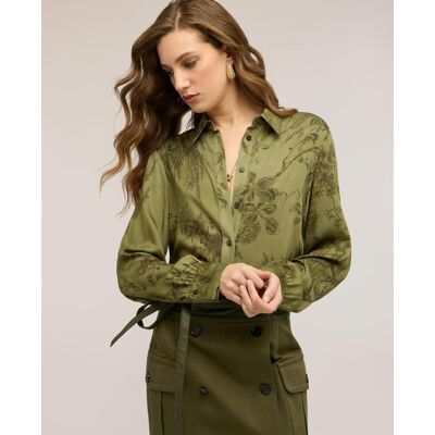 Motivi Camisa de mujer de satén con estampado ajuste regular con cierre frontal de botones. (XS) Verde militar mujer Motivi Camisa de mujer de satén con estampado ajuste regular con cierre frontal de botones. (XS) Verde militar mujer