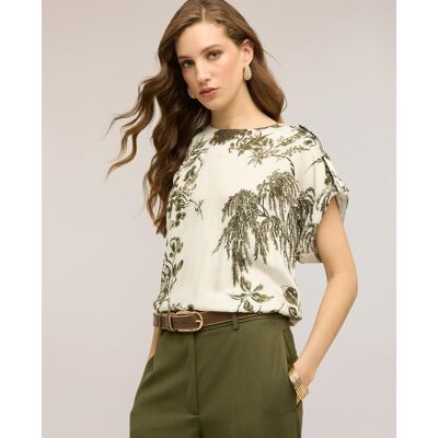 Motivi Blusa de mujer de raso con estampado botánico ajuste boxy con mangas cortas. (S) Verde militar mujer Motivi Blusa de mujer de raso con estampado botánico ajuste boxy con mangas cortas. (S) Verde militar mujer