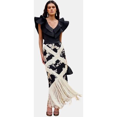 MIPHAI Falda midi con flecos estampada. (34) Negro / Blanco mujer MIPHAI Falda midi con flecos estampada. (34) Negro / Blanco mujer