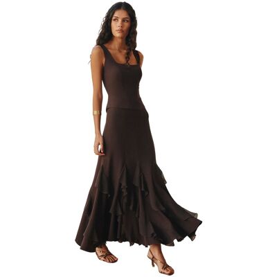 MIPHAI Falda midi de talle alto con volantes asimétricos. (34) Marrón chocolate mujer MIPHAI Falda midi de talle alto con volantes asimétricos. (34) Marrón chocolate mujer