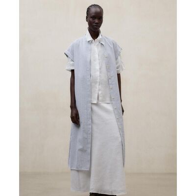 Ecoalf Vestido midi de lino con cuello mao. (42) Blanco / Azul mujer Ecoalf Vestido midi de lino con cuello mao. (42) Blanco / Azul mujer