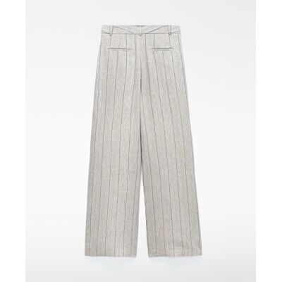 Adolfo Dominguez Pantalones rectos de mujer de rayas en lino europeo. (38) Roble / Blanco / Gris mujer Adolfo Dominguez Pantalones rectos de mujer de rayas en lino europeo. (38) Roble / Blanco / Gris mujer
