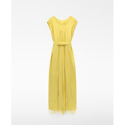 Adolfo Dominguez Vestido largo bordado con flecos en algodón. (38) Amarillo limón mujer Adolfo Dominguez Vestido largo bordado con flecos en algodón. (38) Amarillo limón mujer