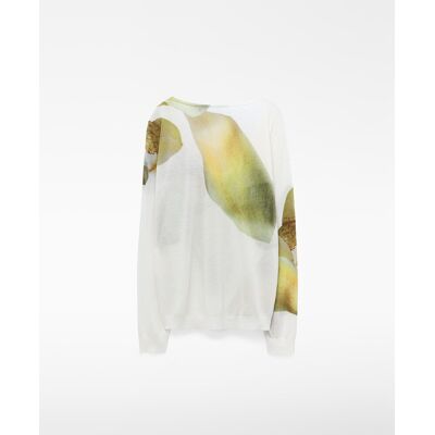 Adolfo Dominguez Jersey de mujer de punto fino estampado con cuello pico. (S) Blanco / Verde mujer Adolfo Dominguez Jersey de mujer de punto fino estampado con cuello pico. (S) Blanco / Verde mujer