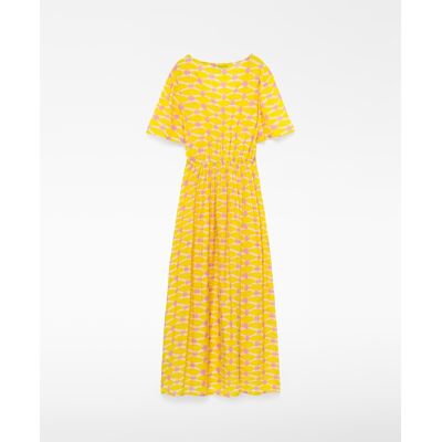 Adolfo Dominguez Vestido largo estampado con escote pico y cordón. (38) Blanco / Amarillo mujer Adolfo Dominguez Vestido largo estampado con escote pico y cordón. (38) Blanco / Amarillo mujer