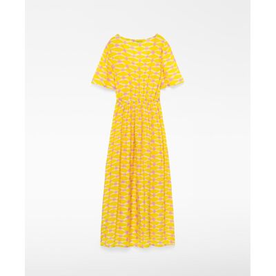 Adolfo Dominguez Vestido largo estampado con escote pico y cordón. (40) Blanco / Amarillo mujer Adolfo Dominguez Vestido largo estampado con escote pico y cordón. (40) Blanco / Amarillo mujer