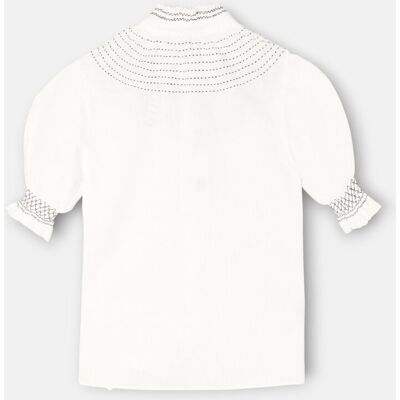 Silbon Camisa fruncida de mujer manga corta lino blanca. (XL) Blanco / Azul mujer Silbon Camisa fruncida de mujer manga corta lino blanca. (XL) Blanco / Azul mujer