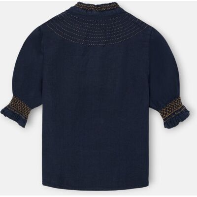 Silbon Camisa de mujer fruncida manga corta lino marino. (XL) Azul marino mujer Silbon Camisa de mujer fruncida manga corta lino marino. (XL) Azul marino mujer