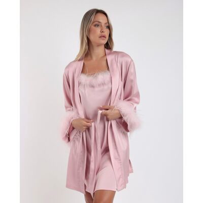 Admas Bata de manga larga de mujer de tela satén con plumas removibles. (46) Rosa mujer Admas Bata de manga larga de mujer de tela satén con plumas removibles. (46) Rosa mujer