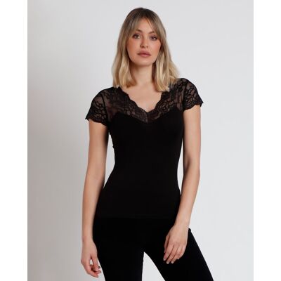 Admas Camiseta interior de mujer de manga corta de punto con detalles lenceros. (40) Negro mujer Admas Camiseta interior de mujer de manga corta de punto con detalles lenceros. (40) Negro mujer