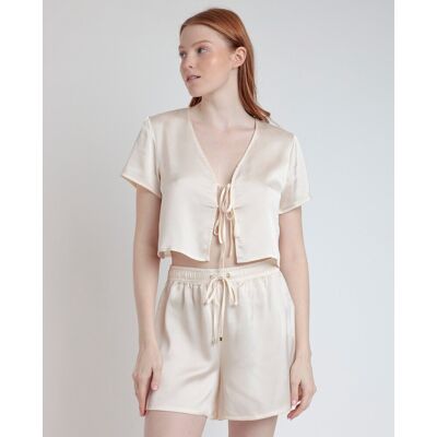 Admas Pijama abierto corto de mujer de tela satén con lazadas. (40) Crema mujer Admas Pijama abierto corto de mujer de tela satén con lazadas. (40) Crema mujer