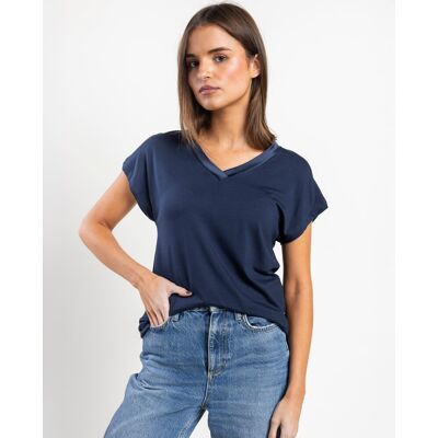 Admas Camiseta interior de mujer de punto viscosa con detalles satinados. (42) Azul marino mujer Admas Camiseta interior de mujer de punto viscosa con detalles satinados. (42) Azul marino mujer