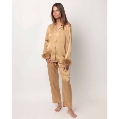 Admas Pijama abierto largo de mujer de tela satén con plumas removibles. (42) Oro mujer Admas Pijama abierto largo de mujer de tela satén con plumas removibles. (42) Oro mujer