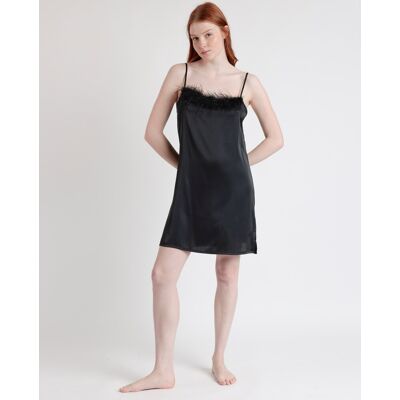 Admas Camisón novia corto de tela satén con detalles de plumas removibles. (46) Negro mujer Admas Camisón novia corto de tela satén con detalles de plumas removibles. (46) Negro mujer