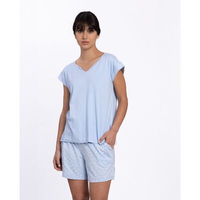 Blanco Pijama corto de mujer de bambú estampado. (38) Azul claro mujer Blanco Pijama corto de mujer de bambú estampado. (38) Azul claro mujer