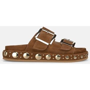 Alma en Pena Sandalias planas de mujer en piel con tiras anchas y detalle de tachuelas en la plataforma. (39) Caramelo mujer Alma en Pena Sandalias planas de mujer en piel con tiras anchas y detalle de tachuelas en la plataforma. (39) Caramelo mujer