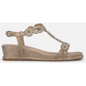 Alma en Pena Sandalias de cuña de mujer en piel efecto metalizado con tira en T con detalle de pedreria circular. (39) Oro mujer Alma en Pena Sandalias de cuña de mujer en piel efecto metalizado con tira en T con detalle de pedreria circular. (39) Oro mujer