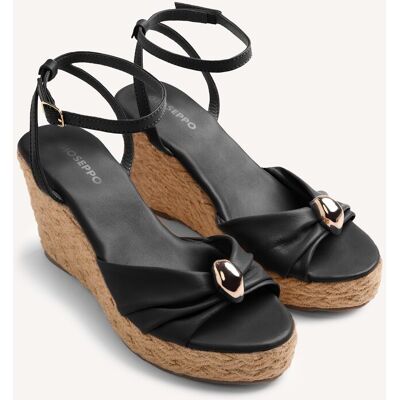 Gioseppo Sandalias de cuña de mujer de piel con detalle de joya y cuña forrada de rafia trenzada. (36) Negro / Natural mujer Gioseppo Sandalias de cuña de mujer de piel con detalle de joya y cuña forrada de rafia trenzada. (36) Negro / Natural mujer
