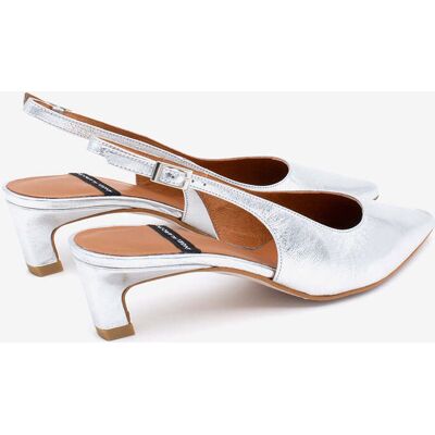 Ángel Alarcón Zapato de salón de mujer con tacón bajo, punta fina y talón descubierto de piel metalizada text, SUZANNE. (39) Plata mujer Ángel Alarcón Zapato de salón de mujer con tacón bajo, punta fina y talón descubierto de piel metalizada text, SUZANNE. (39) Plata mujer