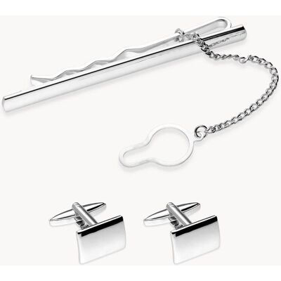 OKsilver - Set de gemelos y pasador clásico de metal bañado en rodio. Plata OKsilver - Set de gemelos y pasador clásico de metal bañado en rodio. Plata