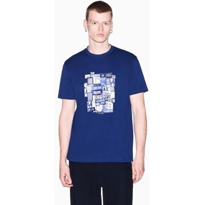 Armani - Camiseta de hombre manga corta con estampado collage. Azul M Armani - Camiseta de hombre manga corta con estampado collage. Azul M