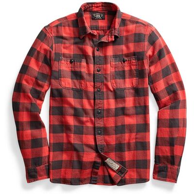 Ralph Lauren - Camisa de hombre de sarga estampada Double RL. Rojo claro XL Ralph Lauren - Camisa de hombre de sarga estampada Double RL. Rojo claro XL