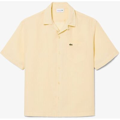 Lacoste - Camisa de hombre de corte holgado de lino de manga corta. Beige XL Lacoste - Camisa de hombre de corte holgado de lino de manga corta. Beige XL