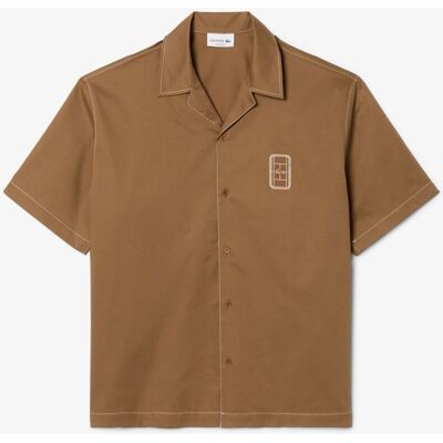 Lacoste - Camisa de hombre de manga corta de corte holgado de algodón en marrón. Marrón M Lacoste - Camisa de hombre de manga corta de corte holgado de algodón en marrón. Marrón M
