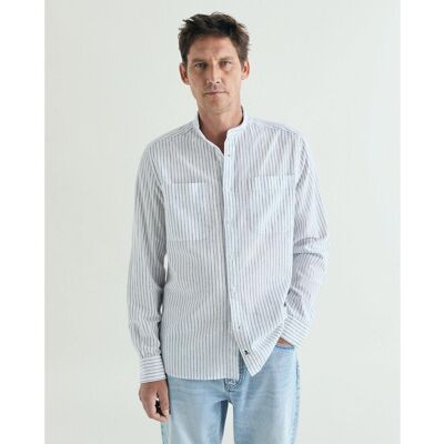 Scalpers - Camisa cuello mao de hombre a rayas con bolsillos. Navy S Scalpers - Camisa cuello mao de hombre a rayas con bolsillos. Navy S