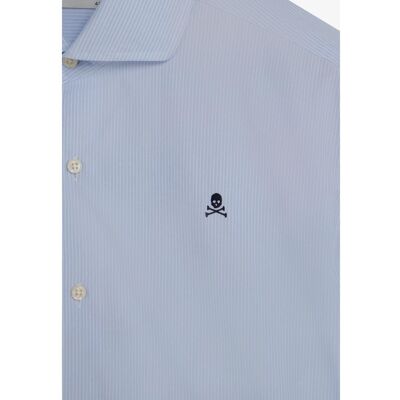 Scalpers - Camisa de hombre regular fit de rayas con calavera bordada en el pecho. Azul L Scalpers - Camisa de hombre regular fit de rayas con calavera bordada en el pecho. Azul L