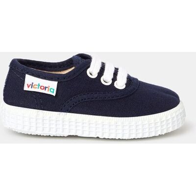 Victoria - Zapatillas de lona de bebés en color blanco con cordones. Azul marino 25 Victoria - Zapatillas de lona de bebés en color blanco con cordones. Azul marino 25