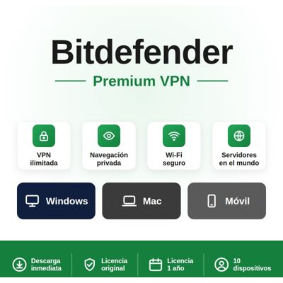 Bitdefender Premium VPN - 10 dispositivos - 1 año Bitdefender Premium VPN - 10 dispositivos - 1 año