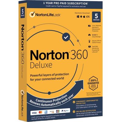 Symantec Norton 360 Deluxe 5-Devices + 50 GB Cloudstorage - 1 year Symantec Norton 360 Deluxe 5-Devices + 50 GB Cloudstorage - 1 year