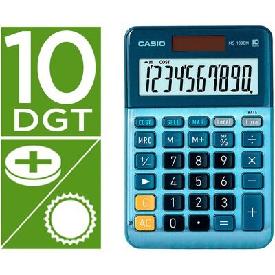 Calculadora de escritorio MS-100EM 10 dígitos TX +/- Tecla doble cero (Azul) - CASIO Calculadora de escritorio MS-100EM 10 dígitos TX +/- Tecla doble cero (Azul) - CASIO