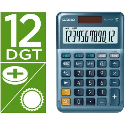 Calculadora de escritorio MS-120EM 12 dígitos TX +/- Tecla doble cero (Azul) - CASIO Calculadora de escritorio MS-120EM 12 dígitos TX +/- Tecla doble cero (Azul) - CASIO