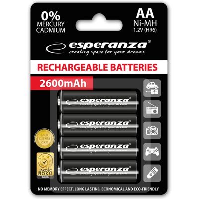 Blister 4 Pilas Recargables 1.2V 2600mAh Ni-Mh AA (Alta Capacidad) - ESPERANZA Blister 4 Pilas Recargables 1.2V 2600mAh Ni-Mh AA (Alta Capacidad) - ESPERANZA