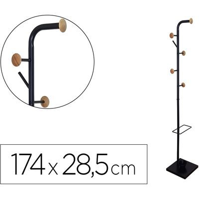 Percha Metálica Negra Con Detalles De Madera Para 6 Soportes Y Paragüero - Q-CONNECT Percha Metálica Negra Con Detalles De Madera Para 6 Soportes Y Paragüero - Q-CONNECT