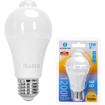 AIGOSTAR Lámpara LED A60 220V E27 12W Blanca Q. 3000K 1200Lm c/ Sensor de Movimiento AIGOSTAR Lámpara LED A60 220V E27 12W Blanca Q. 3000K 1200Lm c/ Sensor de Movimiento