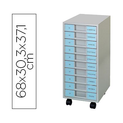 Clen Archivador Metálico 10 Cajones Plástico 5.5cm Altura c/Ruedas 680X303X371mm Clen Archivador Metálico 10 Cajones Plástico 5.5cm Altura c/Ruedas 680X303X371mm